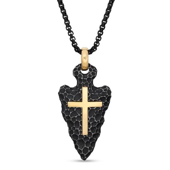 Men's Hammered Arrowhead and Cross Pendant in Two-Tone Stainless Steel - 24" Product Image