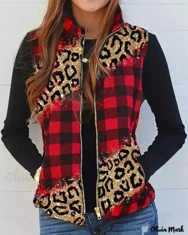 Olivia Mark – Cheetah Plaid Print Pocket Design Vest Puffer Coat Product Image