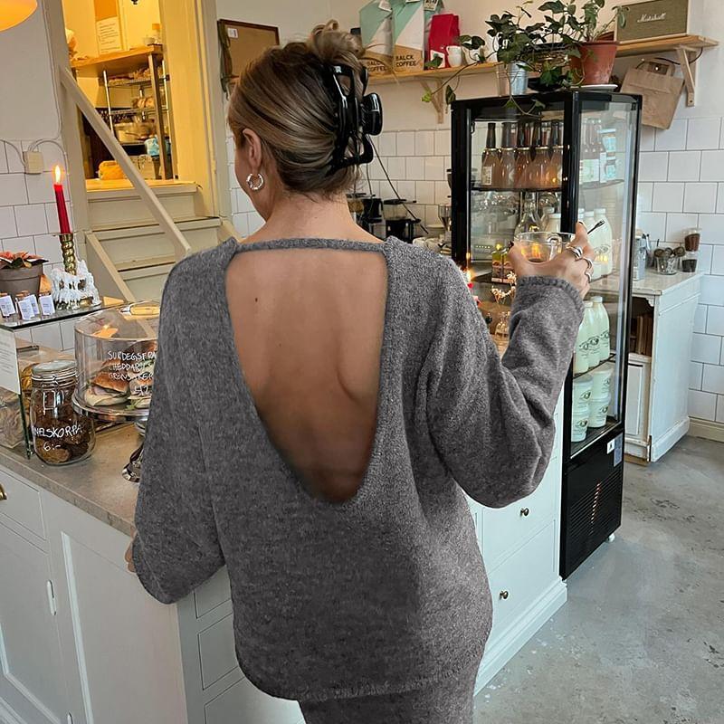 Drop-Shoulder Plain Open Back Sweater Product Image