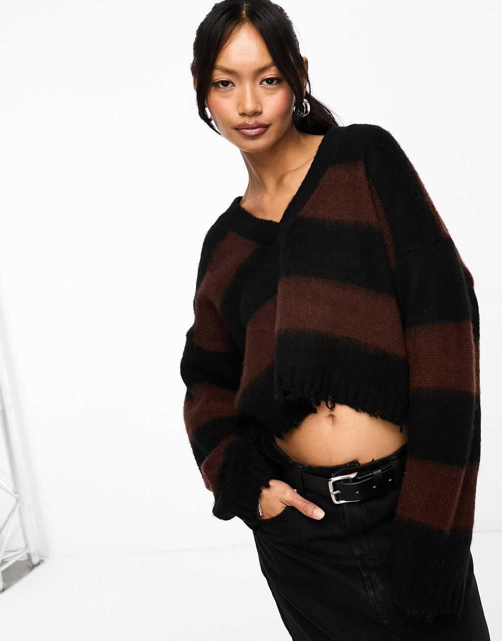 AllSaints Lou crop v neck knitted sweater in black and brown stripe Product Image