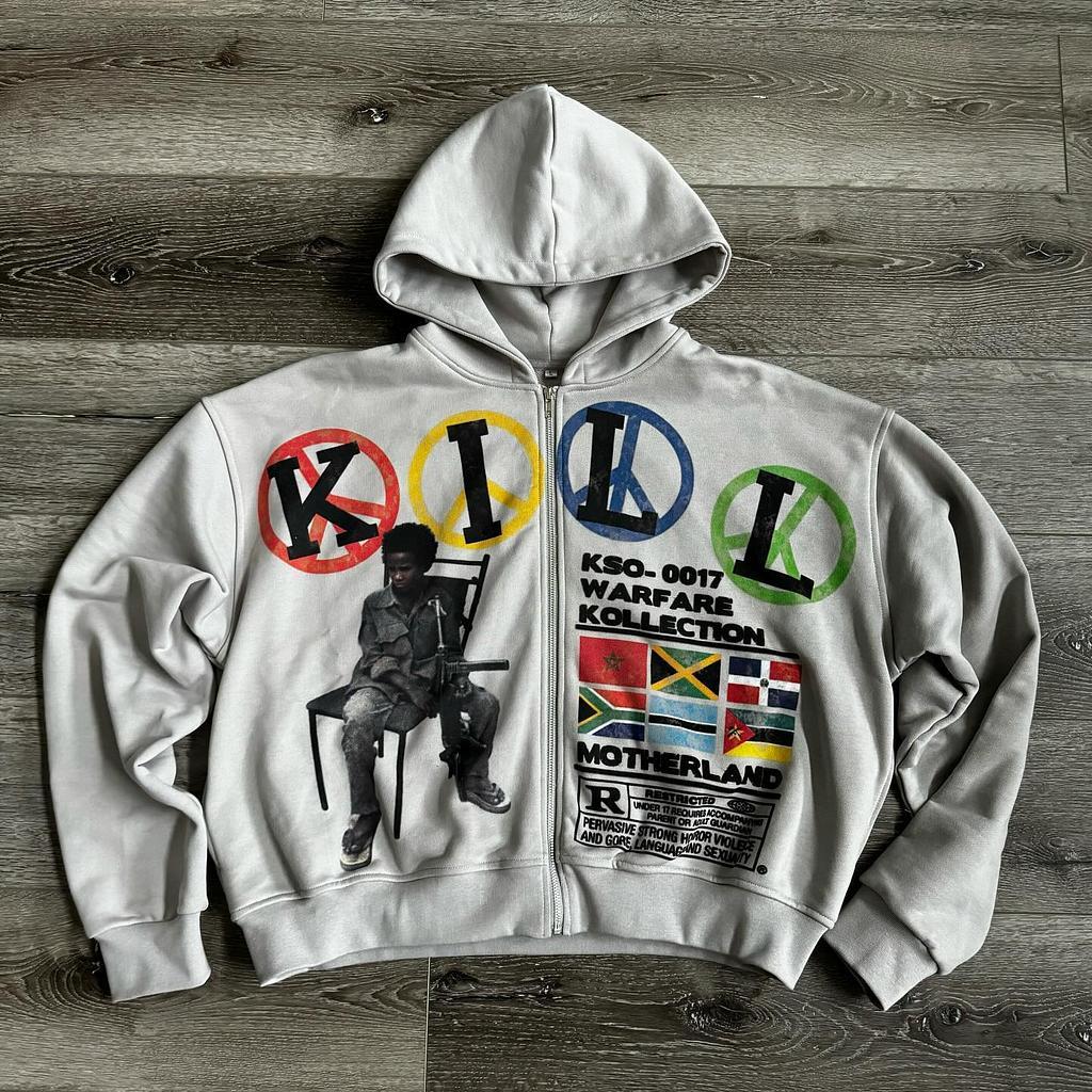 Vintage Kill Graphic Hip Hop Oversized Zip Up Hoodie Product Image