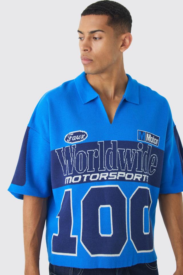 Oversized Boxy Moto 100 Knitted Polo | boohooMAN USA Product Image