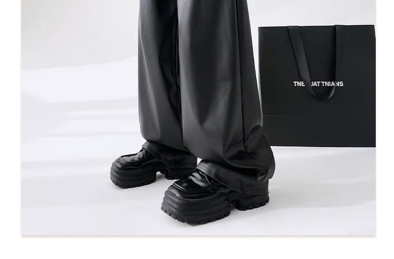 Elastic Waist Plain Faux Leather Wide Leg Pants Product Image