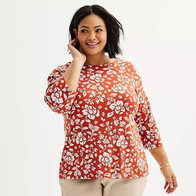 Plus Size Croft & Barrow Boatneck Top, Womens Blue Blooms Product Image