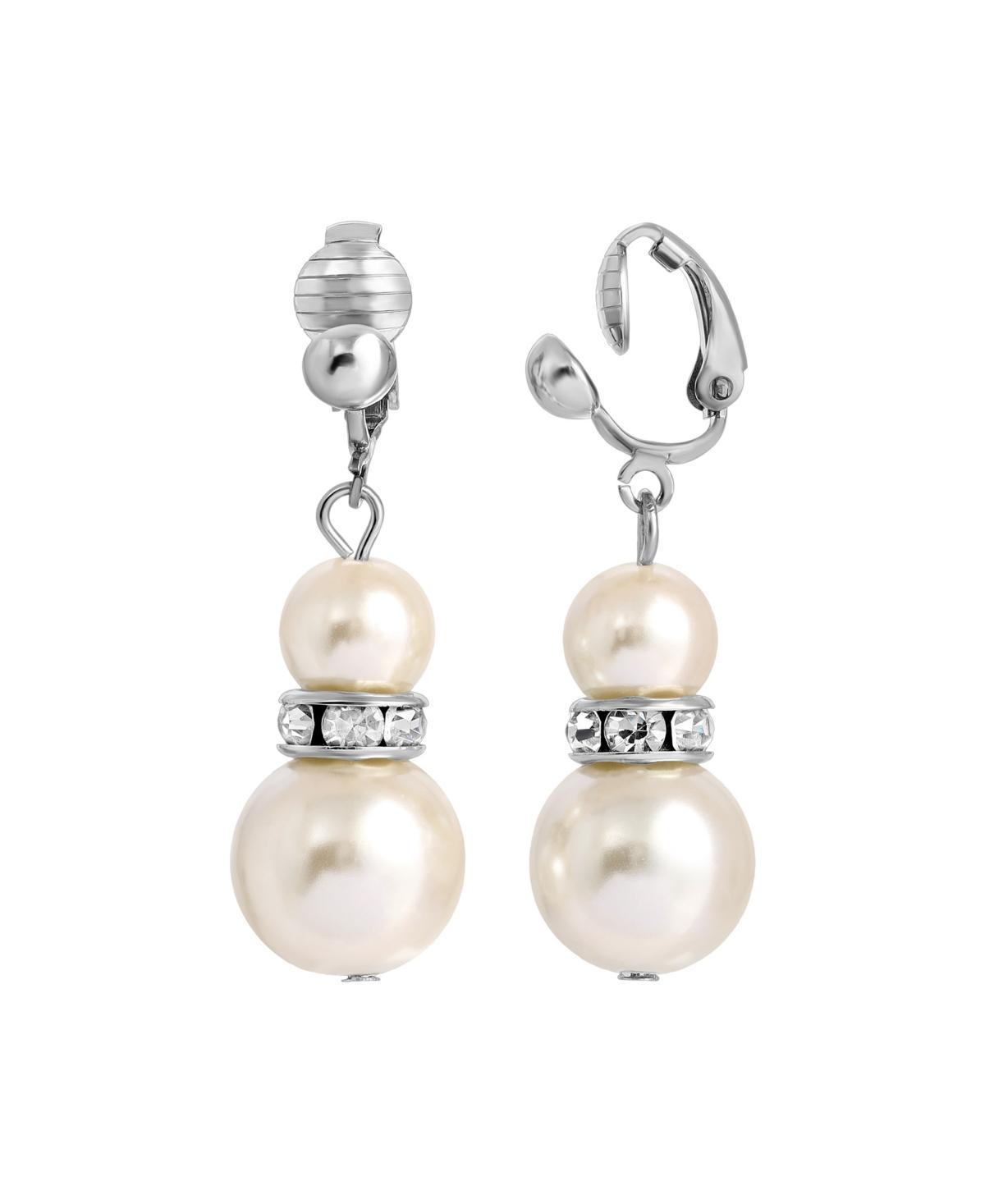 1928 Silver Tone Faux Pearl & Crystal Clip Earrings, Womens, White Product Image