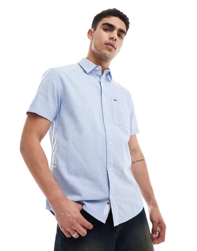 Tommy Jeans linen short sleeve shirt in blue Product Image