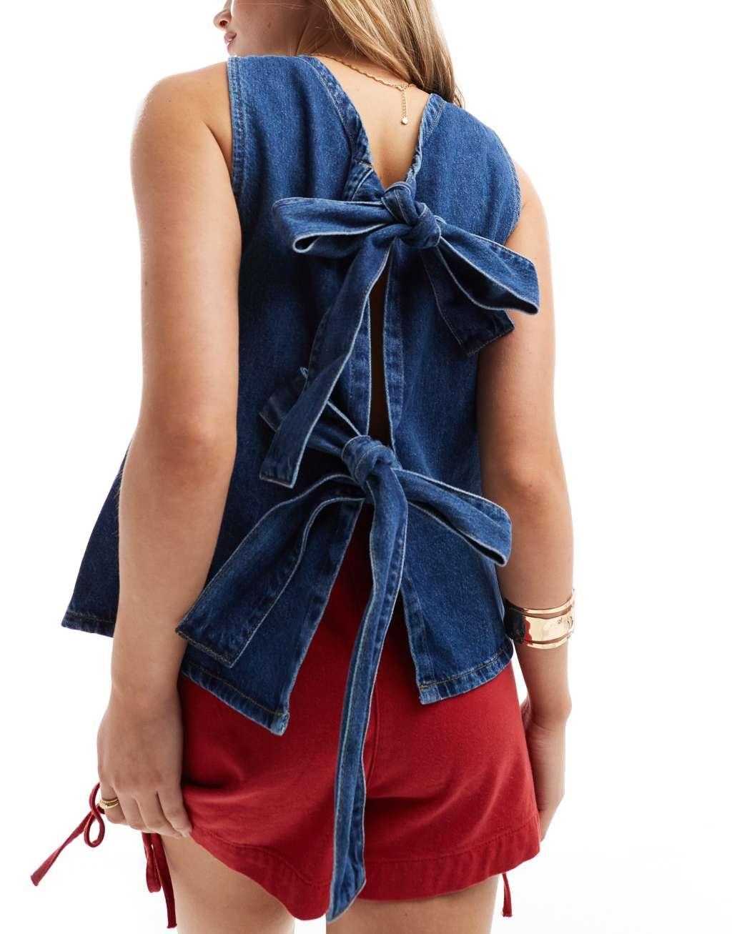 ASOS DESIGN denim bow back top in indigo Product Image