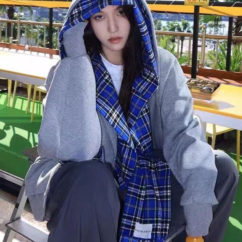 Plaid Panel Mock Two Piece Zip Hoodie Product Image