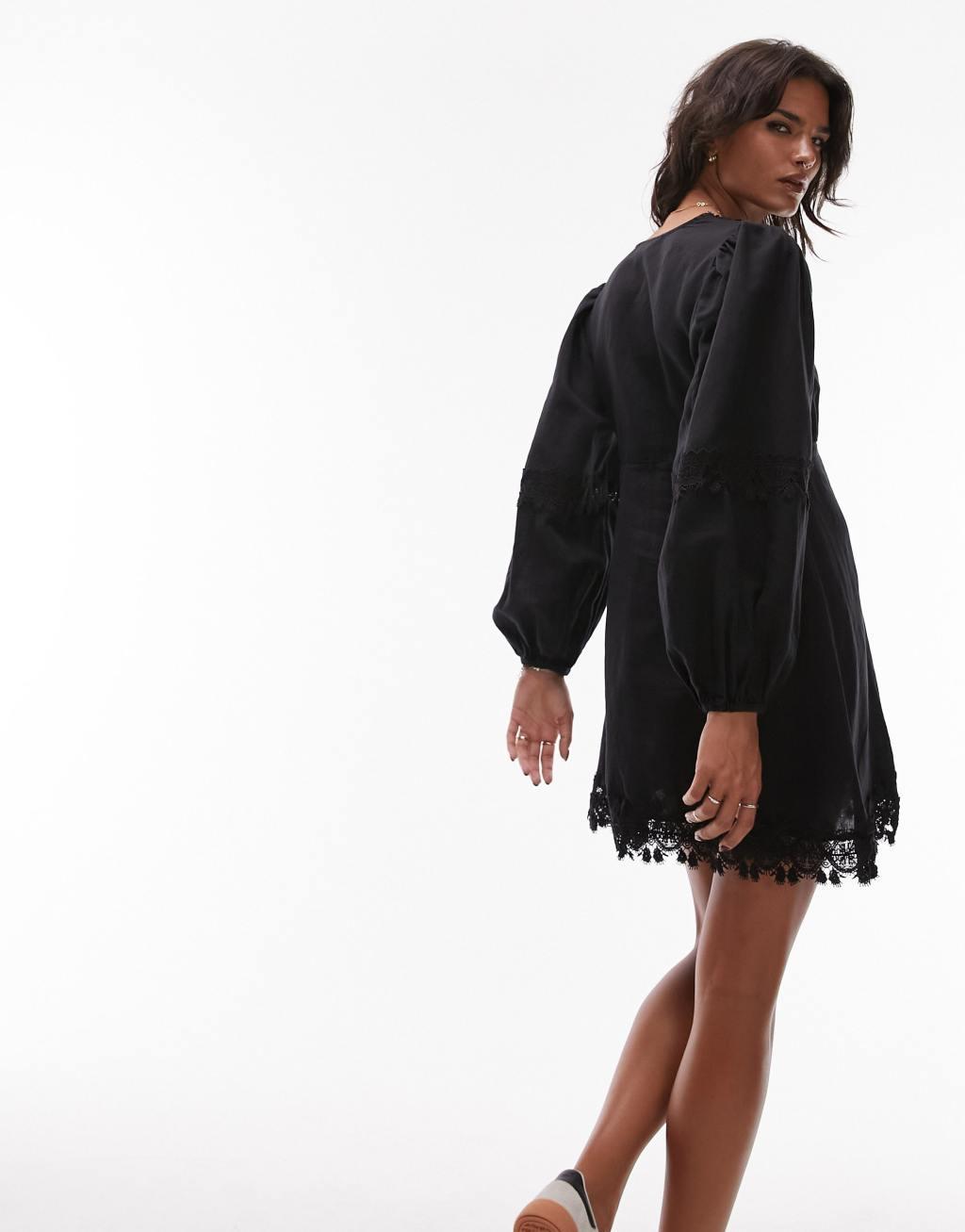 Topshop v-neck lace mini tea dress in black Product Image