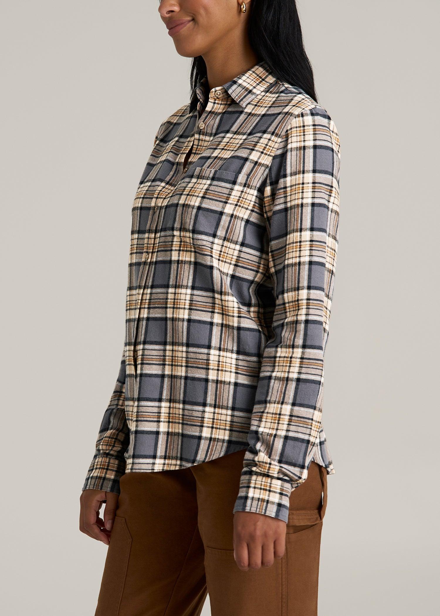 Flannel Button-Up Shirt for Tall Women in Grey and Camel Plaid Female Product Image