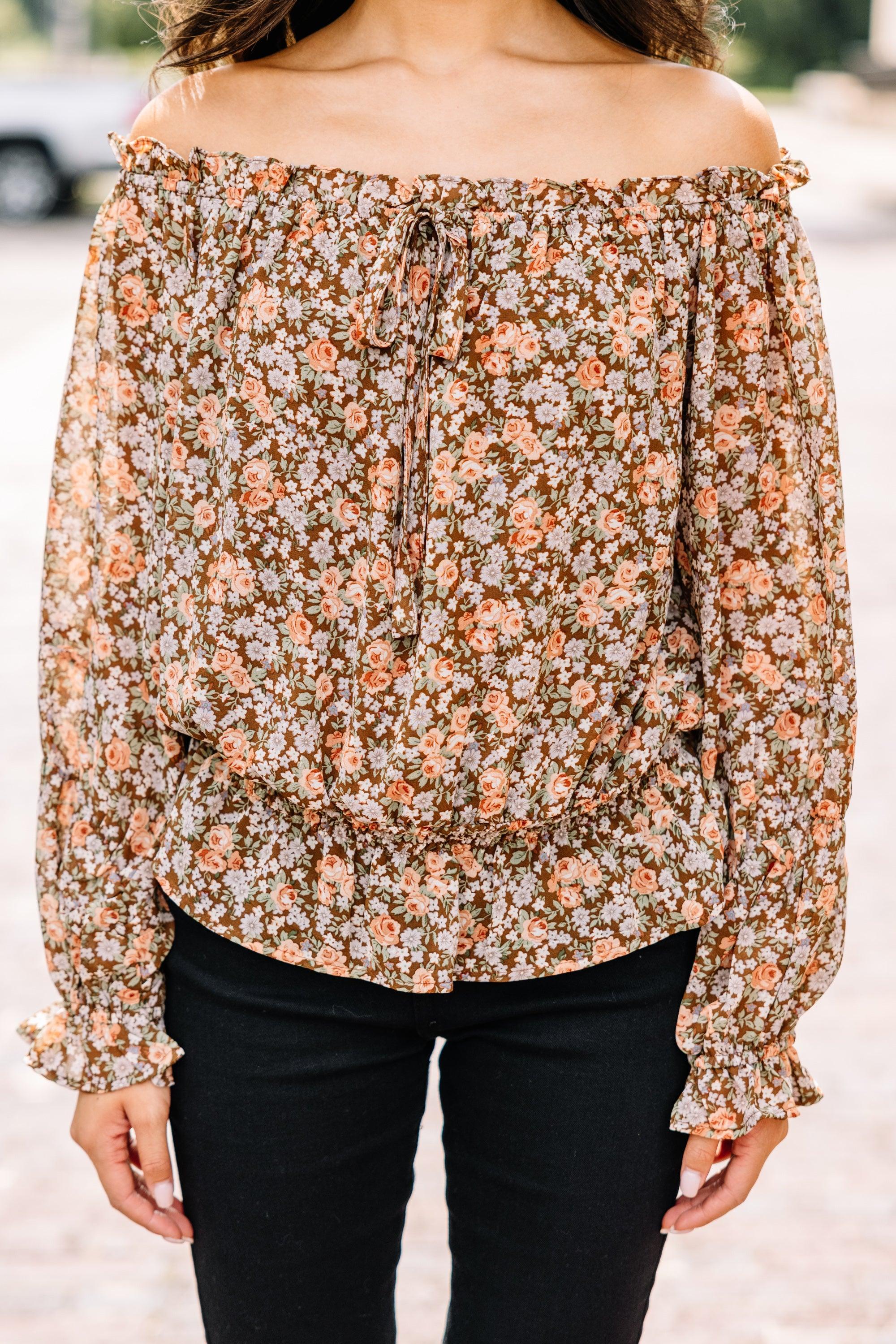 Open To Love Mocha Brown Ditsy Floral Blouse Female Product Image