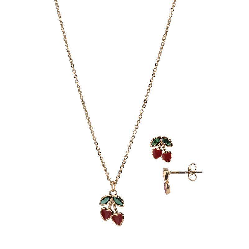 FAO Schwarz Gold Tone Crystal Cherry Pendant Necklace & Stud Earrings Set, Womens, Red Product Image