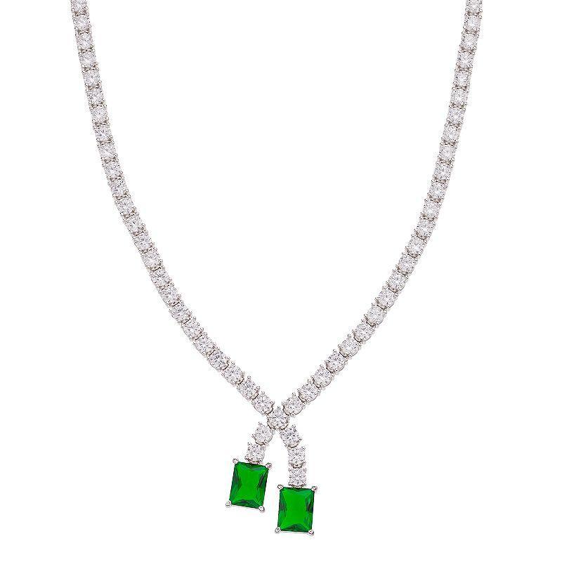 Sterling Silver Cubic Zirconia Double-Stone Drop Tennis Necklace, Womens Green Product Image