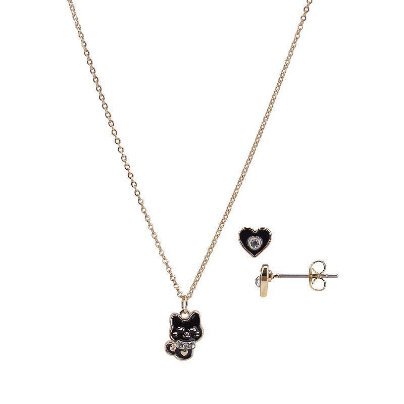 FAO Schwarz Gold Tone Kitty Necklace & Earrings Set, Womens, Black Product Image