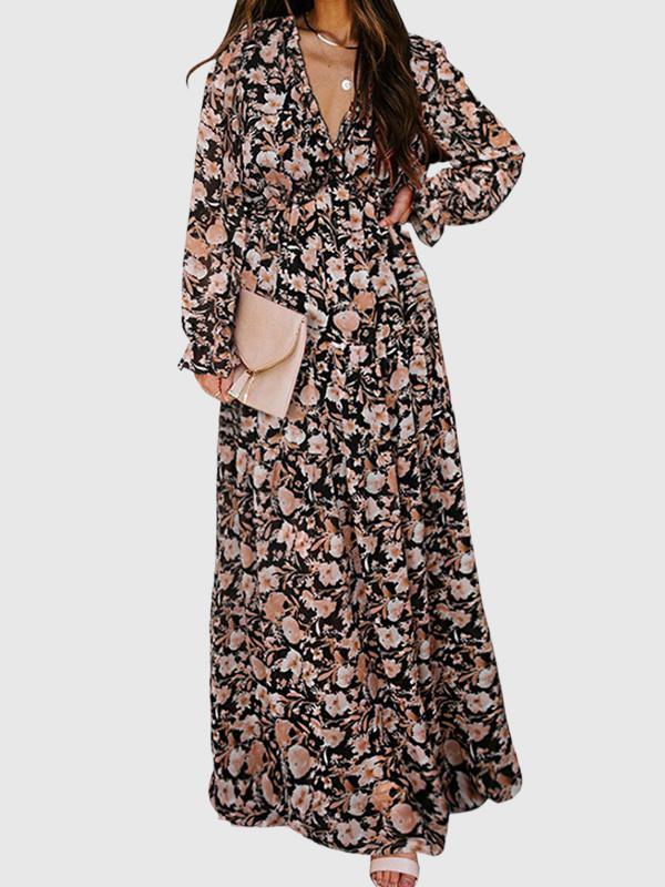 High Waisted Long Sleeves Flower Print Pleated Ruffled V-Neck Maxi Dresses Product Image