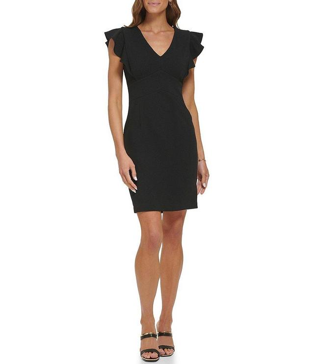 DKNY Stretch V-Neck Short Flutter Sleeve Sheath Dress Product Image