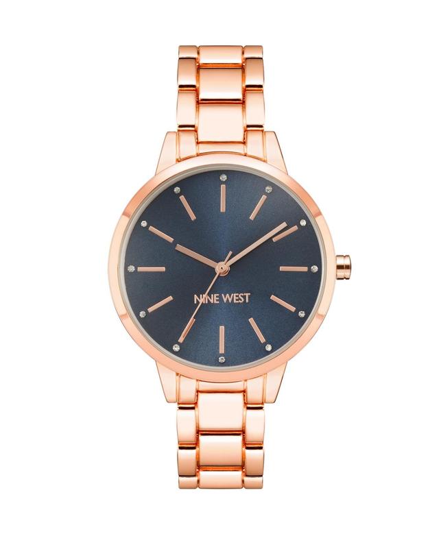 Nine West Womens Gold-Tone Bracelet Watch with Crystal Accents Rose Gold Tone Navy Product Image