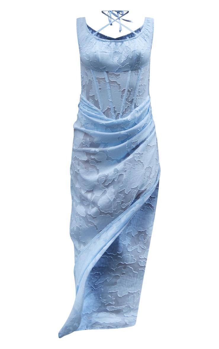 Light Blue Floral Flocked Corset Drape Detail Maxi Dress Product Image