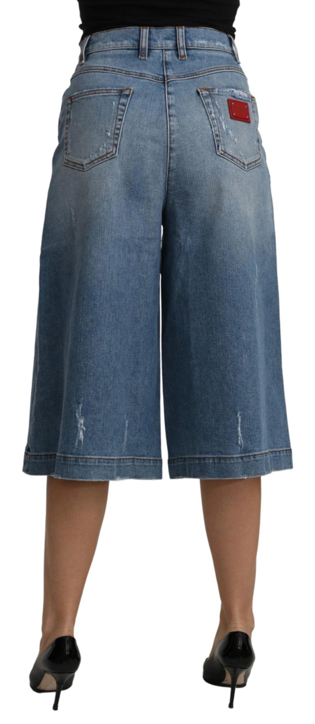 DOLCE & GABBANA Blue Wide Leg Cropped Mid Waist Cotton Jeans Product Image