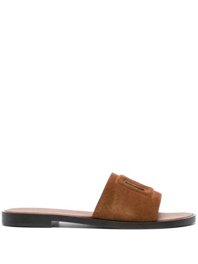 DOLCE & GABBANA Bianca Dg Millennials Cutout Leather Slides In Brown Product Image