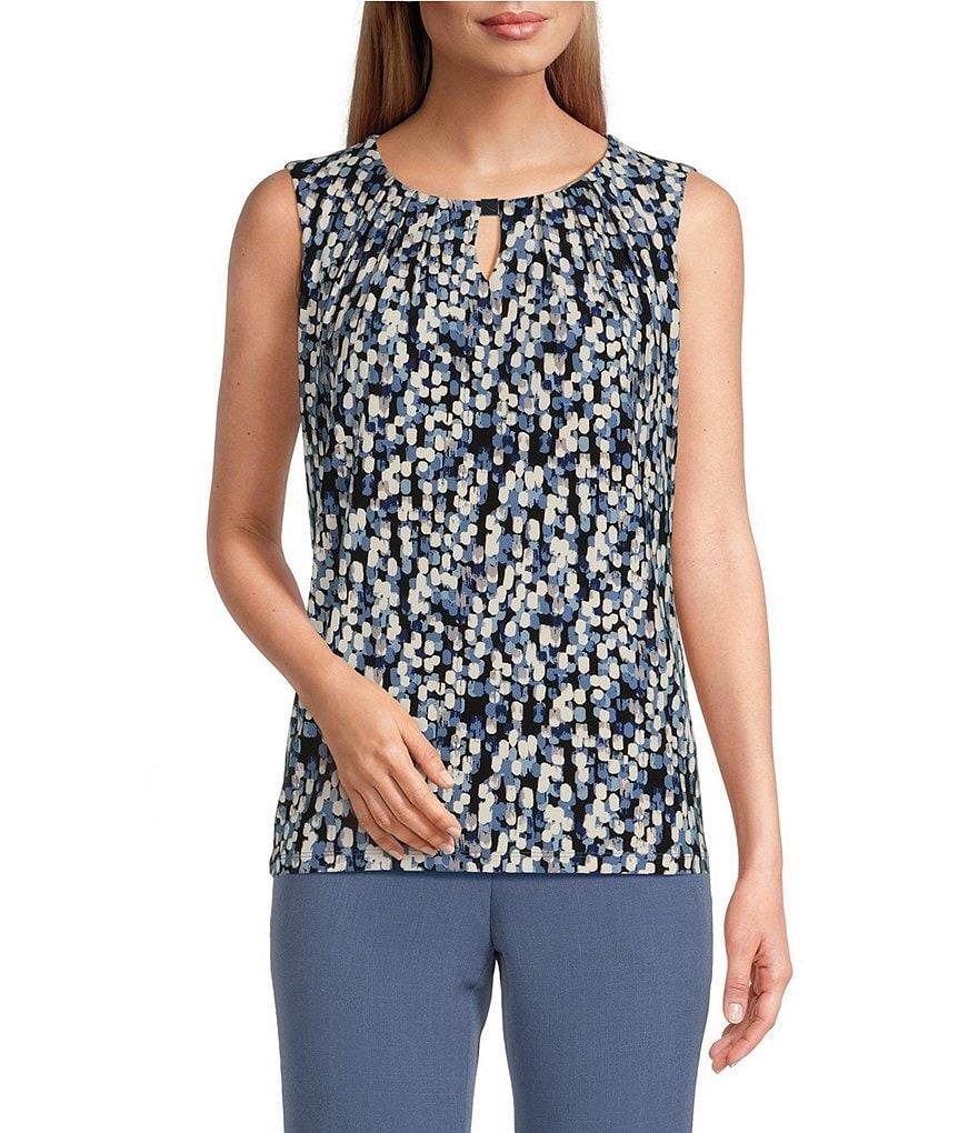 Kasper Stretch Abstract Printed Pleated Keyhole Neckline Sleeveless Top Product Image