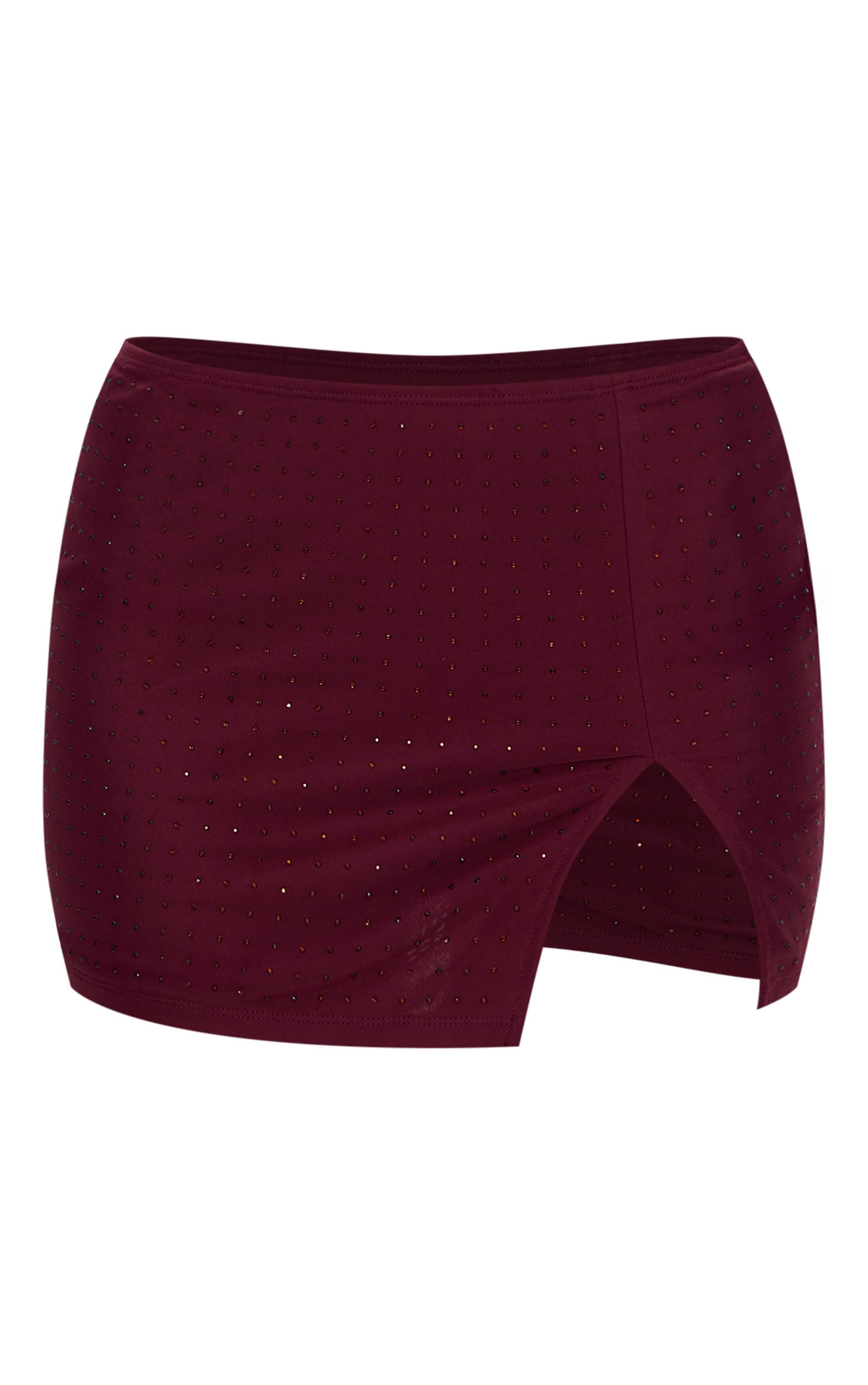 Burgundy Hot Fix Diamante Split Detail Micro Mini Skirt Product Image