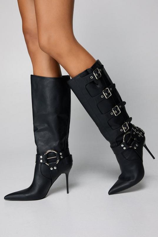 Faux Leather Buckle Detail Pointed Toe Knee High Boots product image