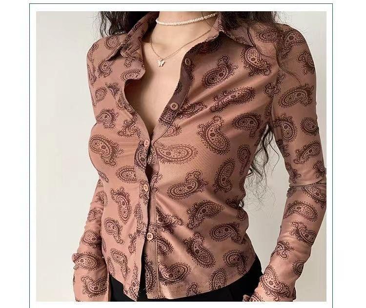 Long-Sleeve Collared Patterned Print Button Top Product Image