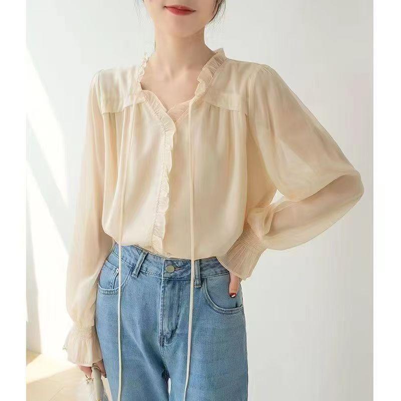 Long-Sleeve V-Neck Plain Frill Trim Blouse Product Image