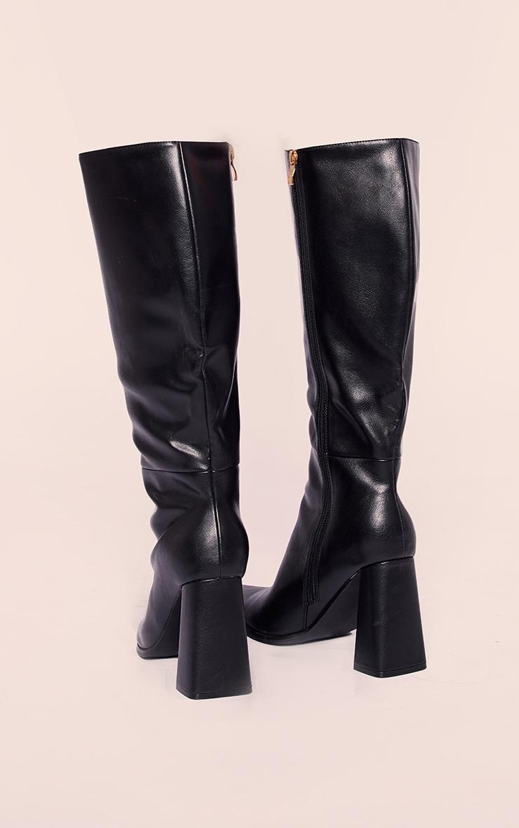 Black PU Point Toe Knee High Block Heeled Boots Product Image