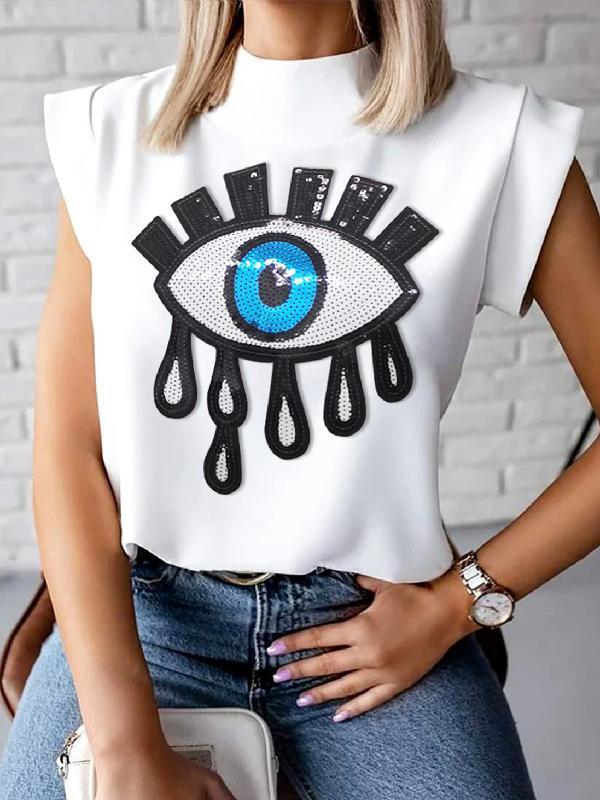 Cap Sleeve Loose Applique Embroidered Figure High-Neck T-Shirts Tops Product Image