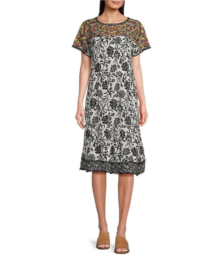 John Mark Embroidered Tiered Crew Neck Short Sleeve Midi Dress With Pockets Product Image