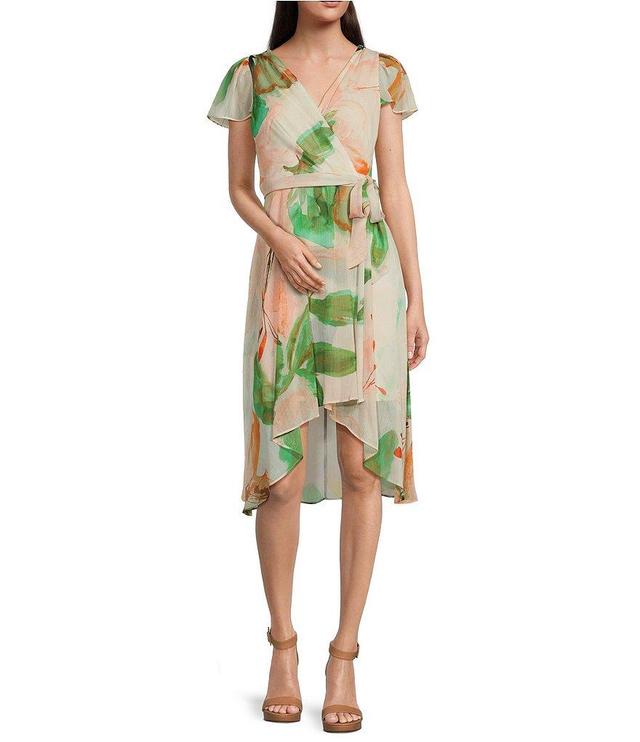 DKNY by Donna Karan Petite Size Short Sleeve V-Neck Tie Waist Printed Chiffon Faux Wrap Dress Product Image