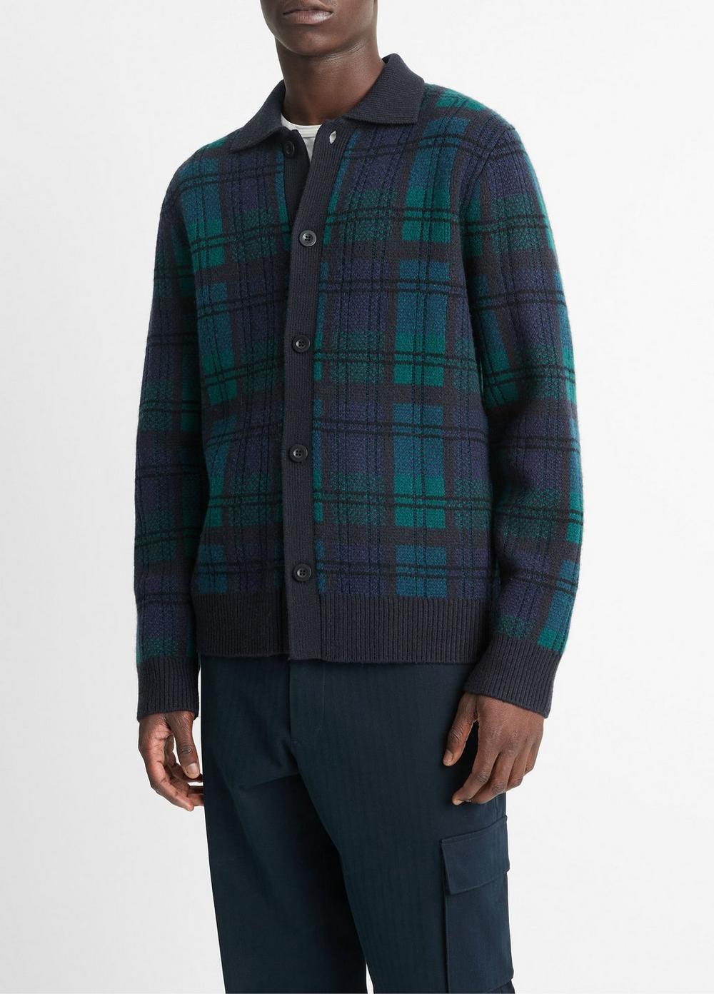 Plaid Wool and Cashmere Collared Cardigan Product Image