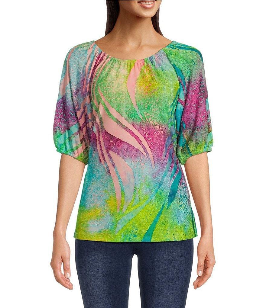 Calessa Jacquard Burnout Tie-Dye Scoop Neck Elbow Sleeve Peasant Tunic Product Image