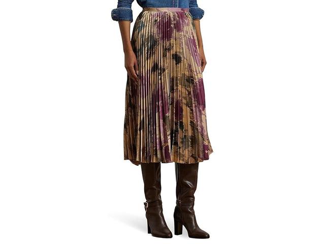 Lauren Ralph Lauren Floral Pleated Satin Charmeuse Skirt (Tan Multi) Women's Skirt Product Image