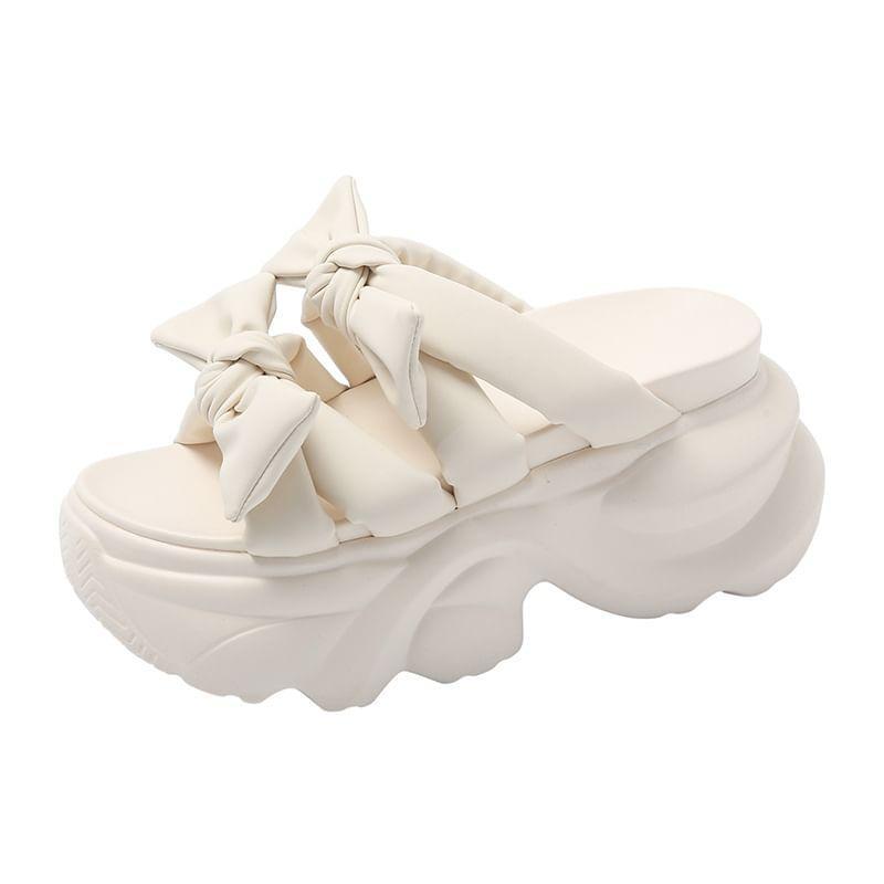 Platform Plain Bow Accent Faux Leather Sandals Product Image