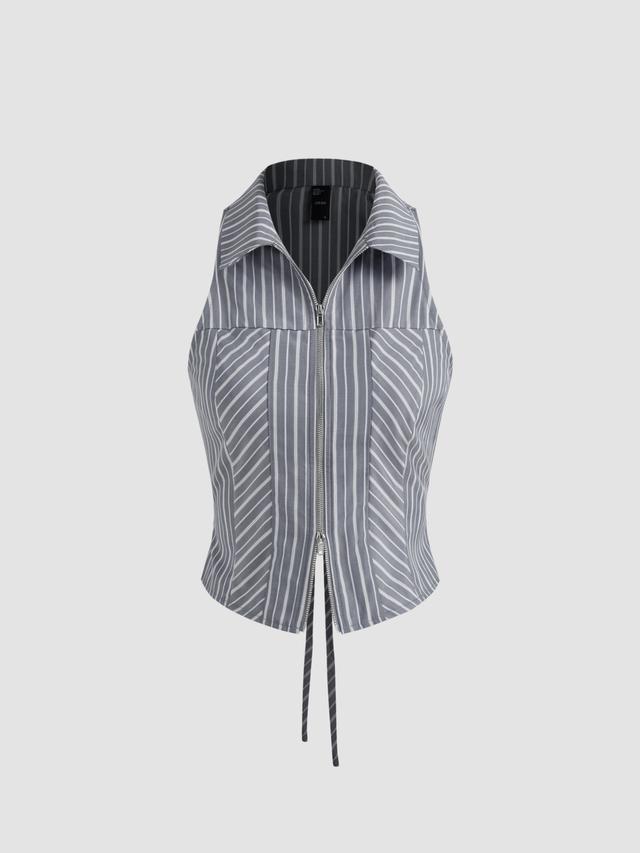 Cotton-blend Collar Striped Knotted Zipper Tank Top Product Image