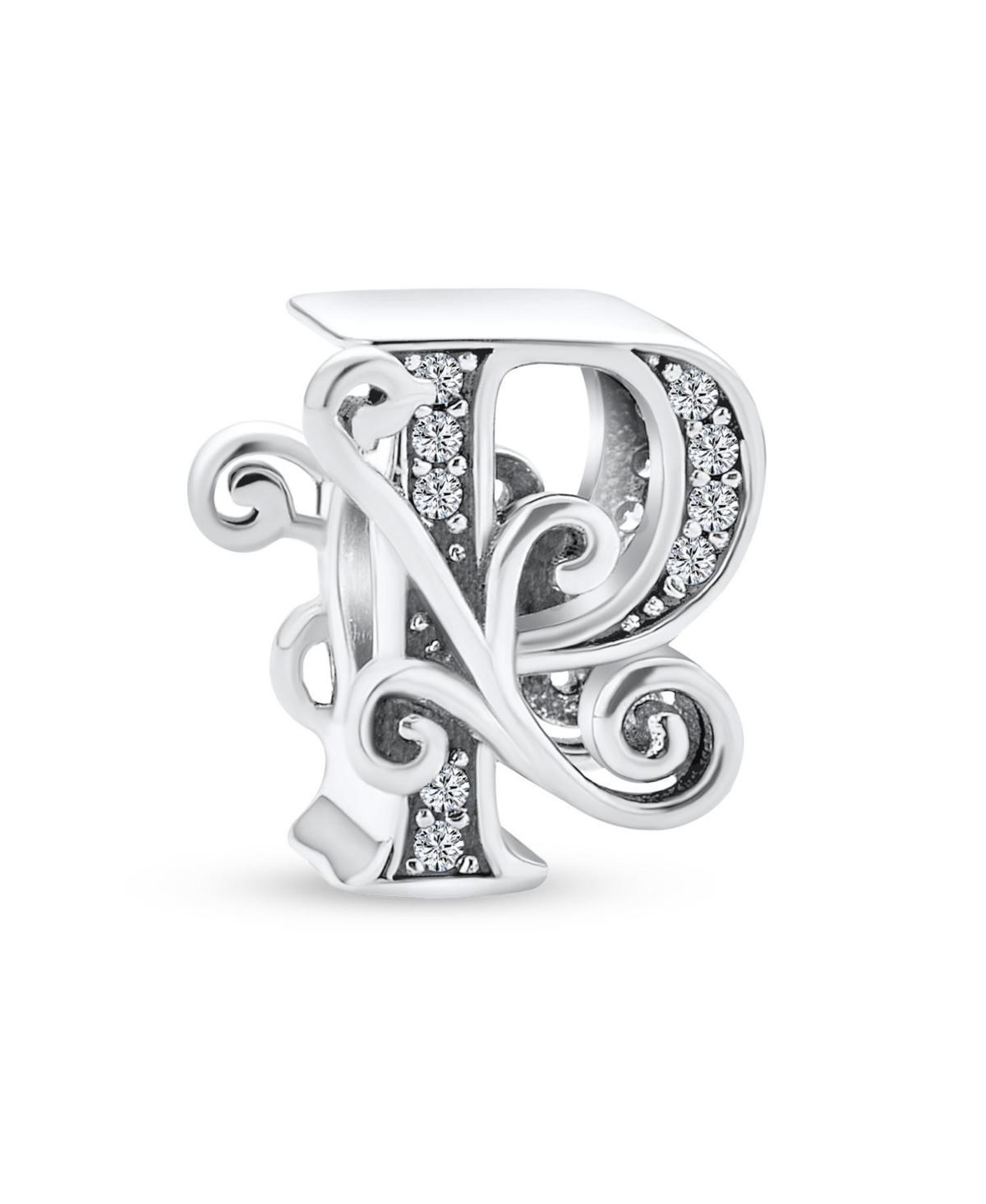 Bling Jewelry Fancy Scroll Cz Sparkle Block Letter A-z Alphabet Initial Charm Bead For Women Shiny .925 Sterling Silver For European Bracelet - Silver Product Image