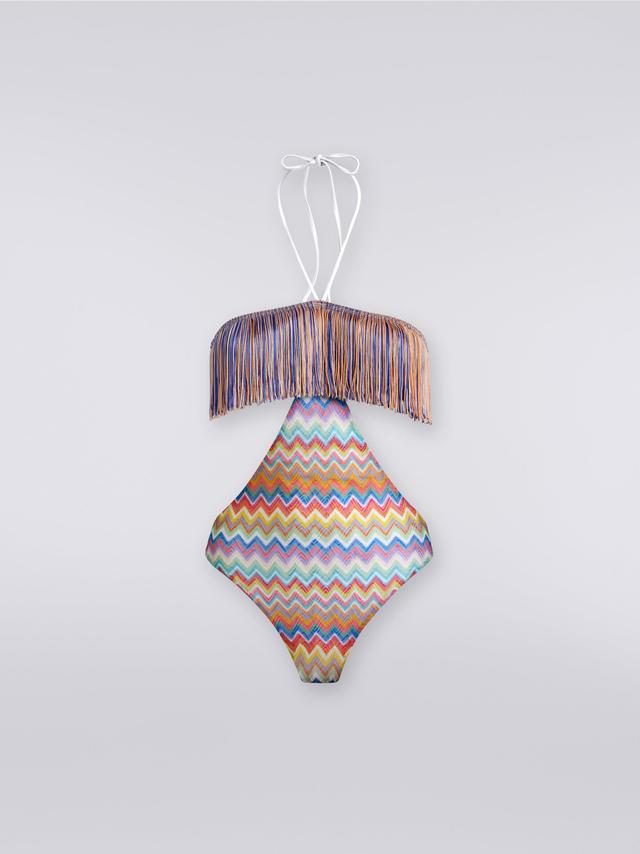 One-piece swimming costume with zigzag print and fringes Product Image