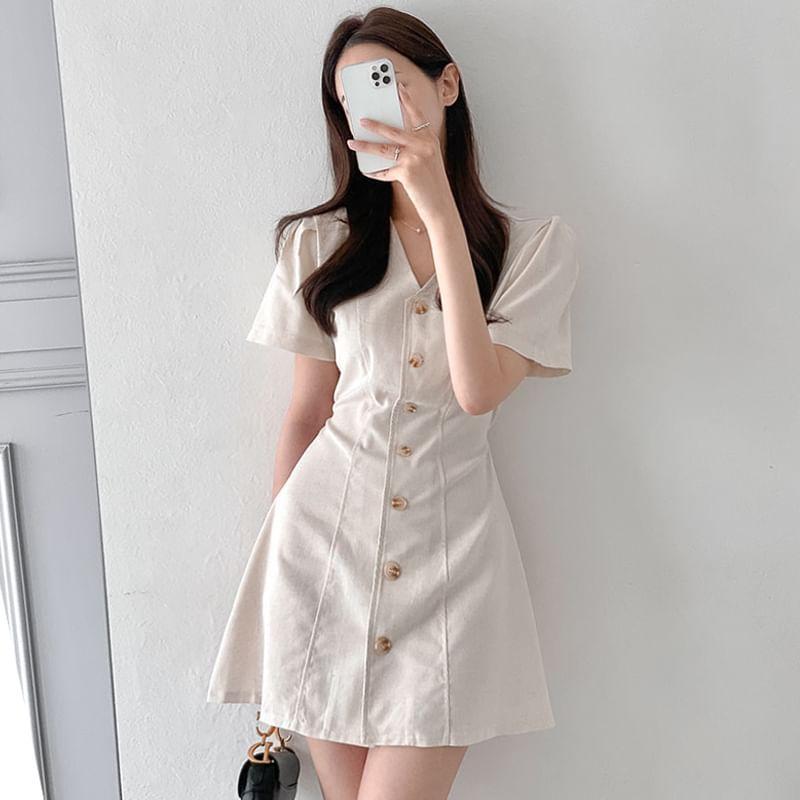 Short-Sleeve V-Neck Plain Button Mini A-Line Dress Product Image