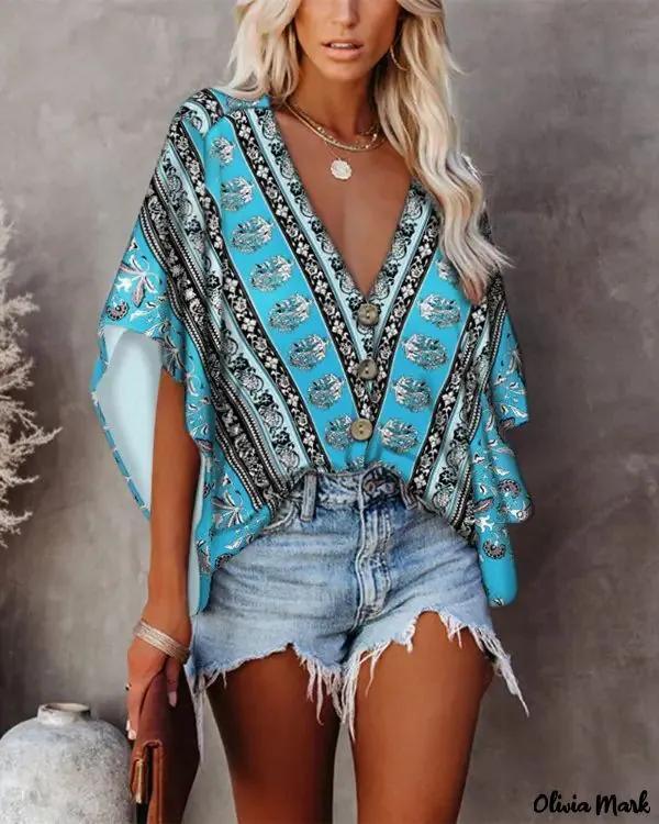 Olivia Mark – Dolman Sleeve Button Front Tribal Print Top Product Image