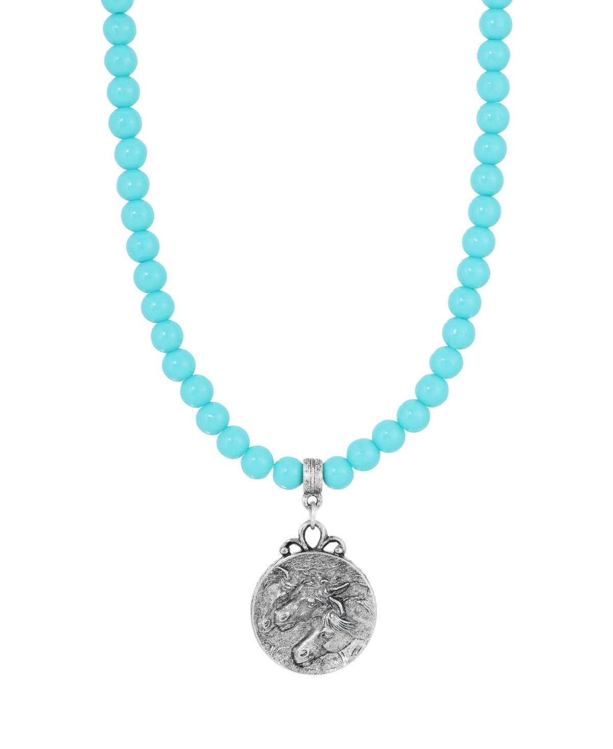 1928 Silver Tone Simulated Turquoise Bead Horse Head Pendant Necklace, Womens Product Image