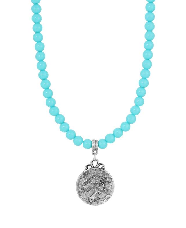 1928 Silver Tone Simulated Turquoise Bead Horse Head Pendant Necklace, Womens Product Image