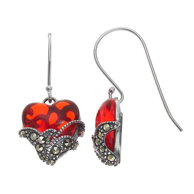 Tori Hill Sterling Silver Marcasaite & Red Glass Heart Drop Earrings, Womens Product Image