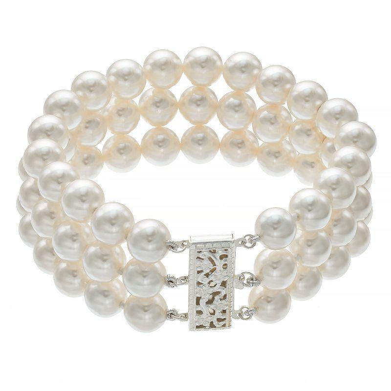 Sterling Silver Freshwater Cultured Pearl Triple Row Bracelet, Womens White Product Image