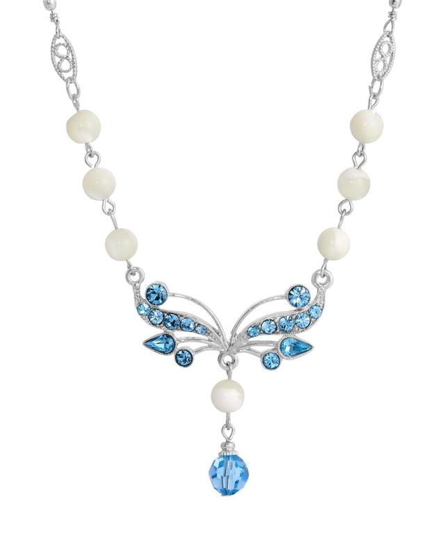 1928 Silver Tone Aqua and Simulated Pearl Fringe Necklace, Womens, White Product Image