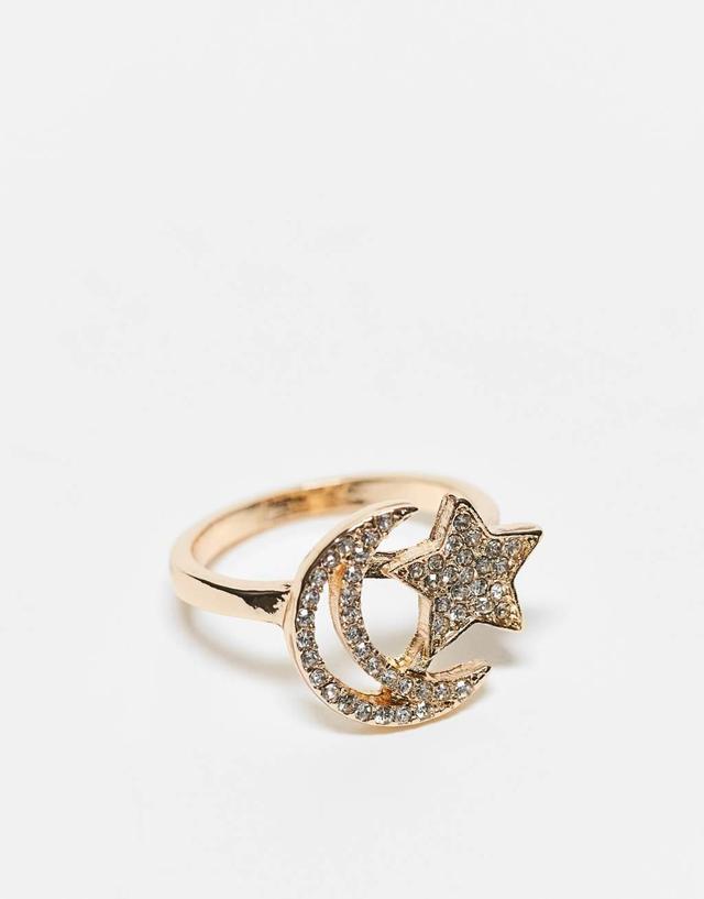 ASOS DESIGN Curve ring with star and moon design in gold tone Product Image