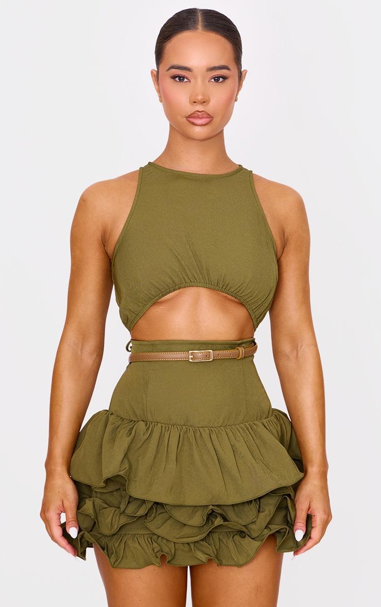 Khaki Cut Out Belted Frill Hem Mini Dress Product Image