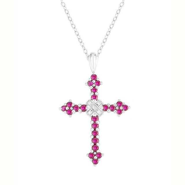 Sterling Silver 9/10 Carat T.W. Gemstone & Diamond Accent Cross Pendant Necklace, Womens Red Product Image